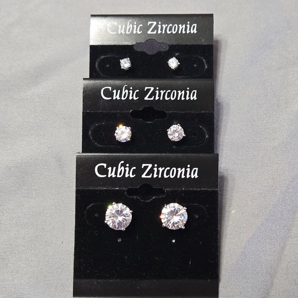 Lot of 3 Sparkling Round Brilliant Cubic Zirconia Solitaire Stud Earrings